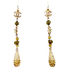 Chanel Vintage Gold Plated CC Golden Brown Gemstone Tear Drop Long Earrings