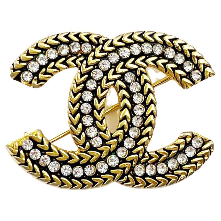 Chanel Vintage Gold Plated CC Greek Black Crystal Brooch For Sale at 1stDibs
