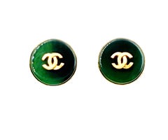 Chanel Vintage Gold Plated CC Green Stone Round Clip on Earrings