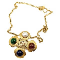 Chanel Vintage Gold Plated CC Gripoix Pearl Cross Large Brooch Pendant