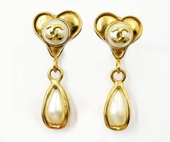 Chanel Vintage Gold Plated CC Heart Pearl Tear Drop Dangle Clip on Large Earring