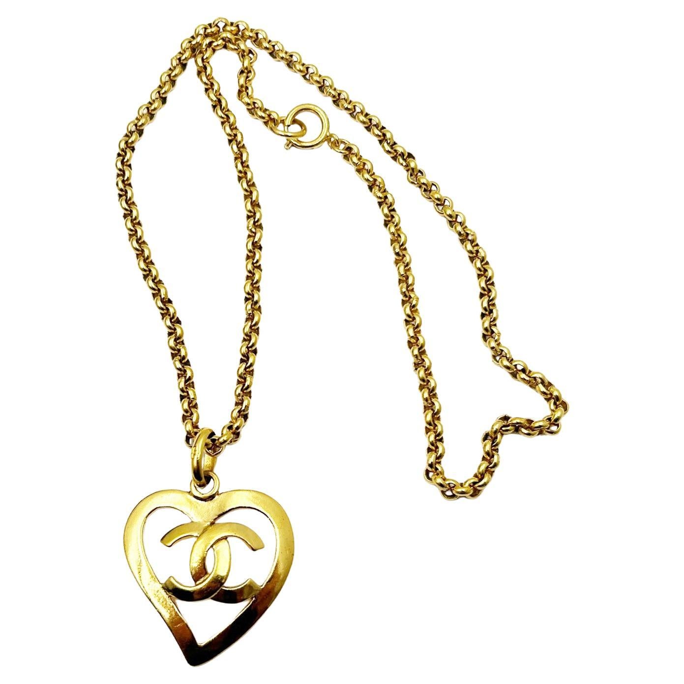 Chanel Vintage Gold Plated CC Heart Pendant Necklace