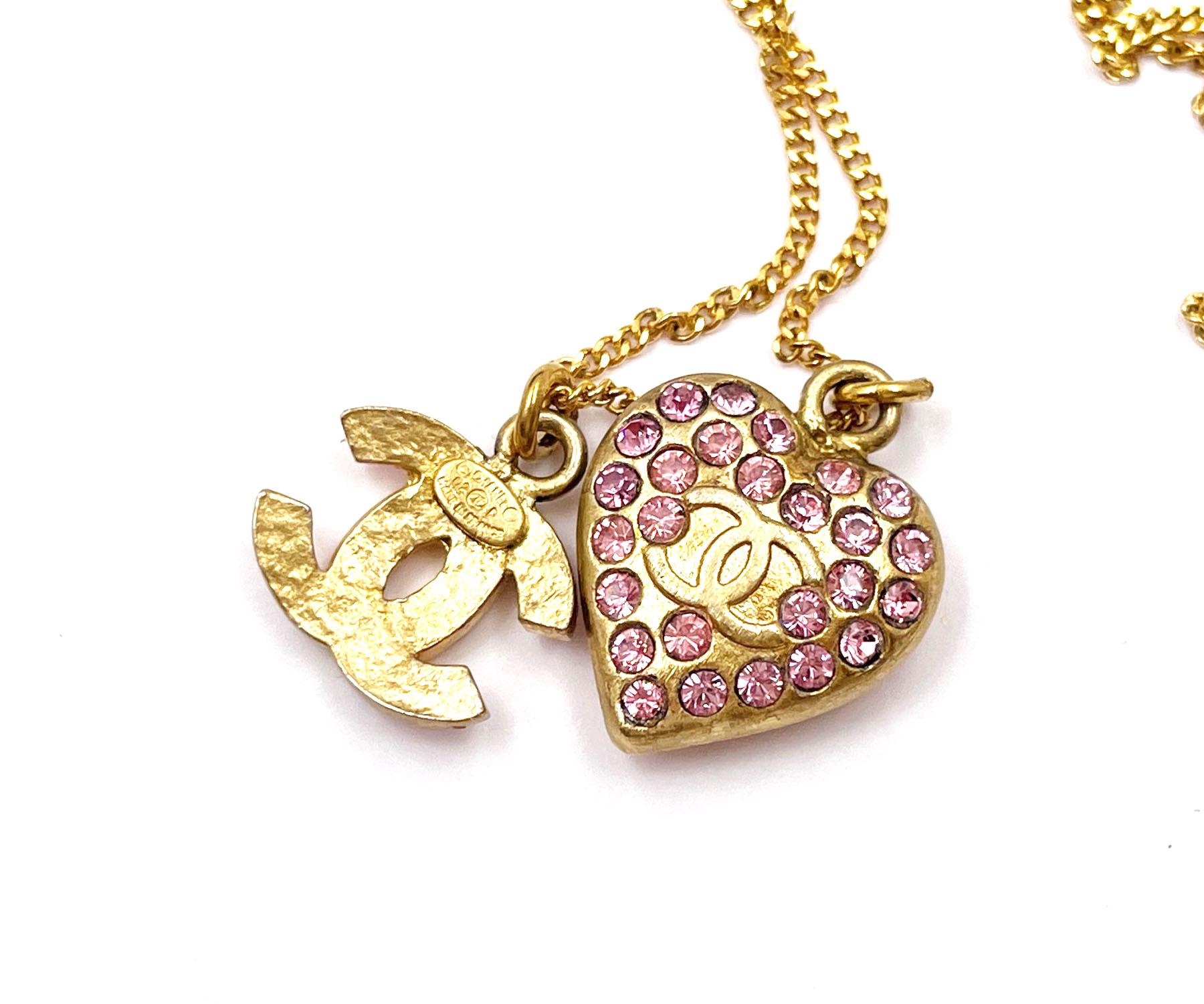 Artisan Chanel Vintage Gold Plated CC Heart Pink Crystal Necklace   For Sale