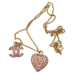 Chanel Vintage Gold Plated CC Heart Pink Crystal Necklace  