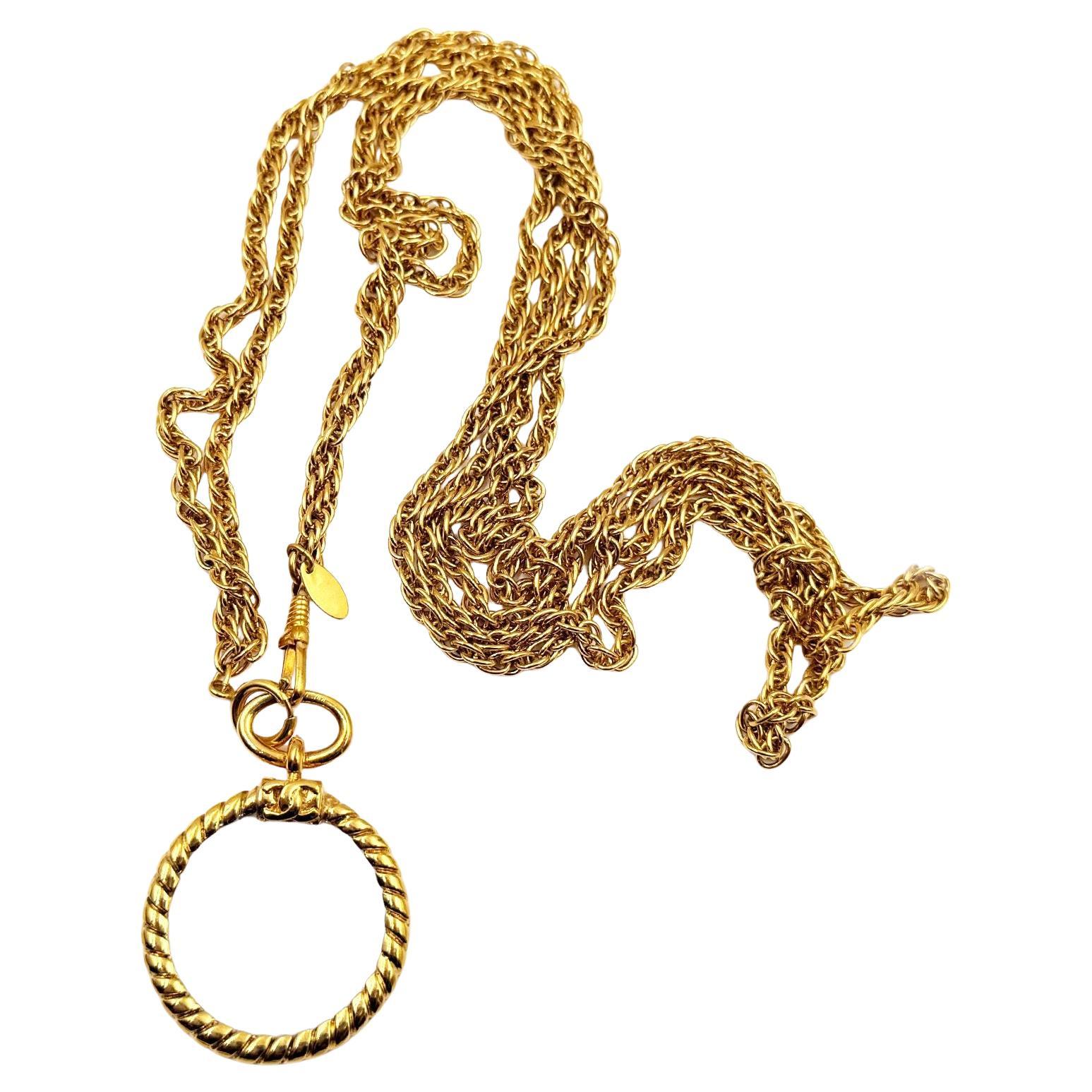 Chanel Vintage Gold Plated CC Magnifying Glass Double Chain Long Necklace