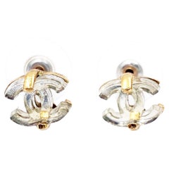 Chanel Vintage Gold Plated CC Mirror Mini Piercing Earrings 