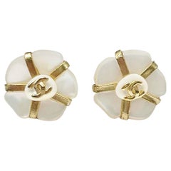 Chanel Vintage Gold Plated CC Mother of Pearl Flower Piercing Earrings  