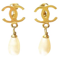 Chanel Retro Gold Plated CC Pearl Dangle Clip on Earrings  