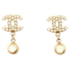 Chanel Vintage Gold Plated CC Pearl Opal Dangle Small Piercing Earrings