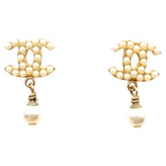 Chanel Vintage Gold Plated CC Pearl Pearl Dangle Small Piercing Earrings