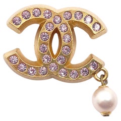 Chanel Vintage Gold Plated CC Pink Crystal Pearl Dangle Small Brooch