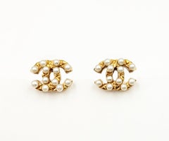 Chanel Vintage Gold Plated CC Plaid Bubble Pearl Piercing Earrings