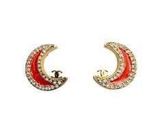 Chanel Vintage Gold Plated CC Red Moon Crystal Clip on Earrings
