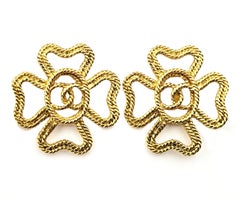 Chanel Vintage Gold Plated CC Rope Cross Large Clip on Earrings