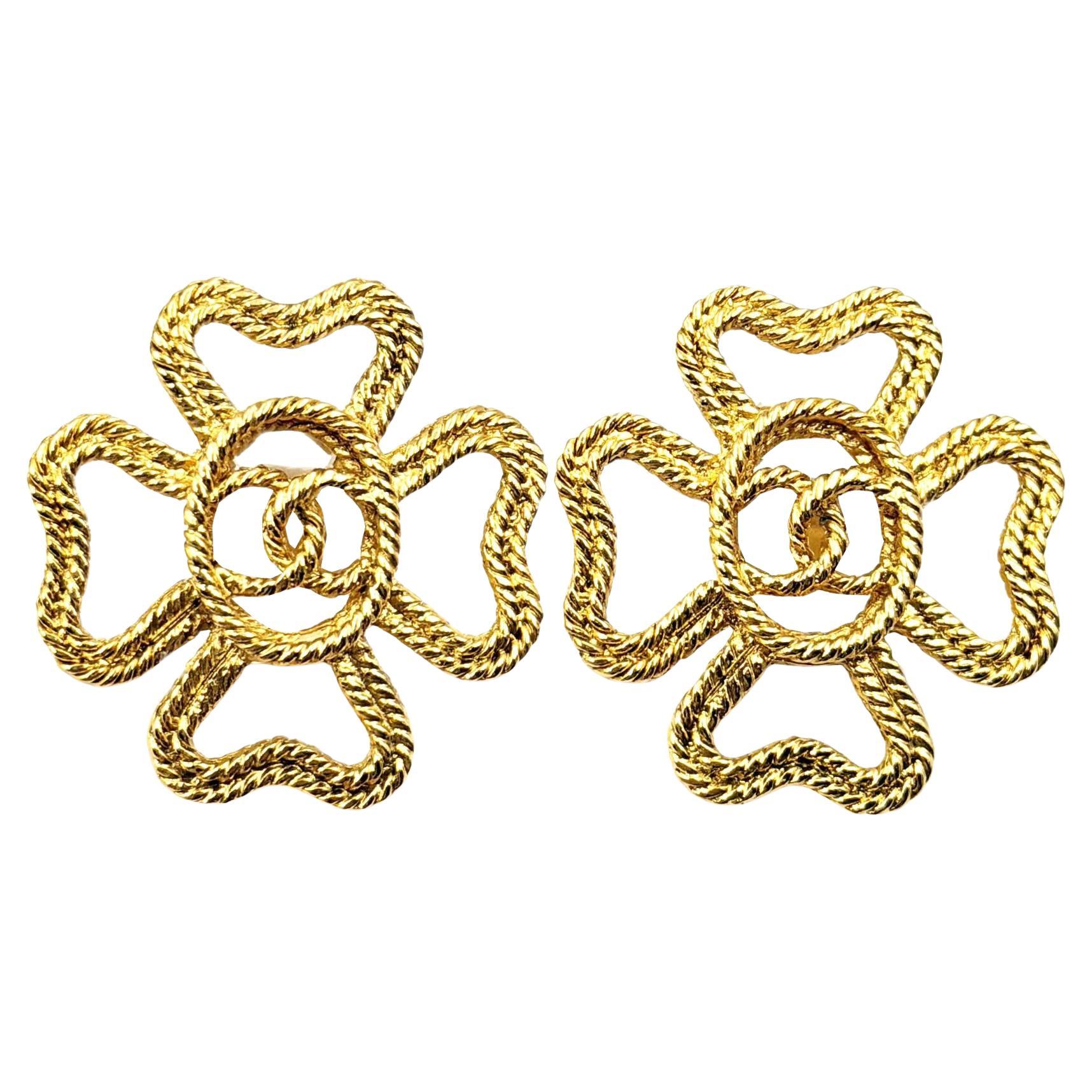 Chanel Vintage Gold Plated CC Rope Cross Large Clip on Earrings For Sale