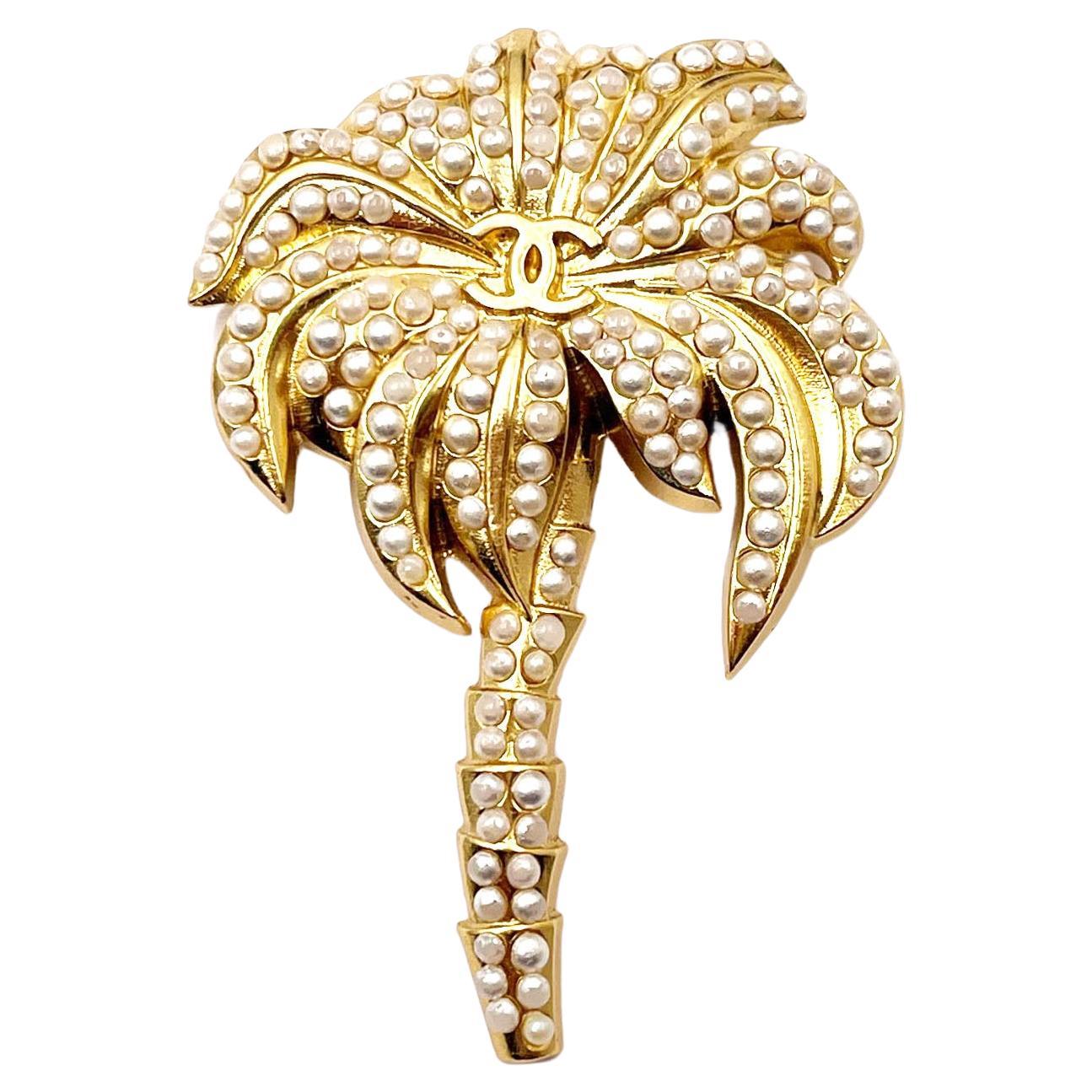 Chanel Vintage Gold Plated CC Seed Pearl Palm Tree Large Brooch  For Sale