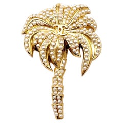 Chanel Vintage Gold Plated CC Seed Pearl Palm Tree Large Brooch 