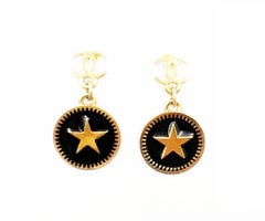 Chanel Vintage Gold Plated CC Star Round Black Coin Dangle Piercing Earrings