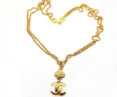 Chanel Vintage Gold Plated CC textured Pendant Double Chain Long Necklace