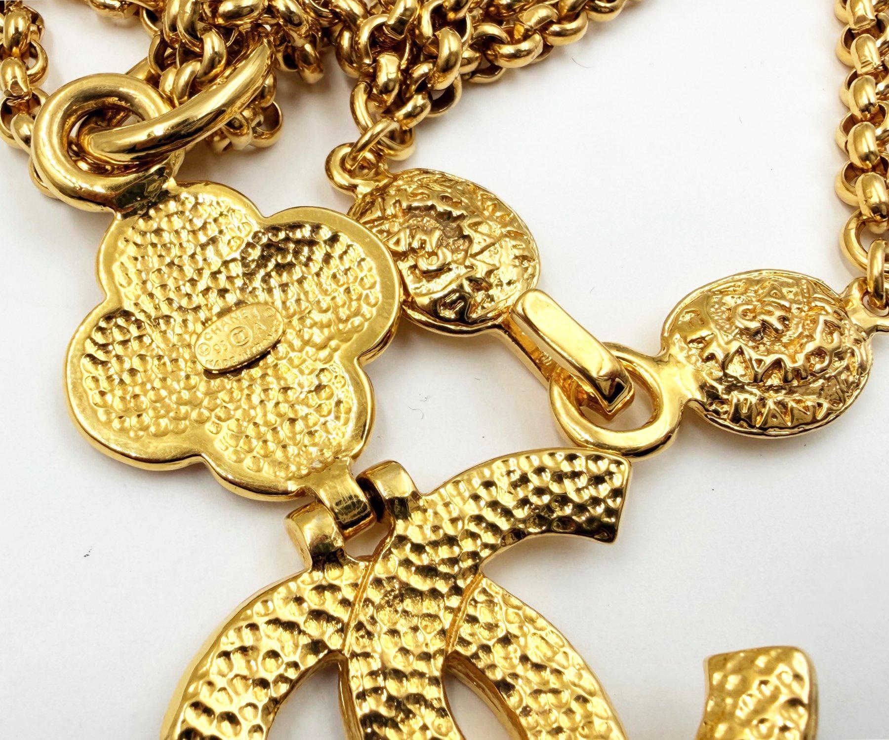 Chanel Vintage Gold Plated CC textured Pendant Double Chain Long Necklace For Sale 1