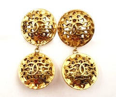 Chanel Vintage Gold Plated CC Weaving Round Dangle Large Clip on Earrings