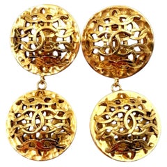 Chanel Vintage Gold Plated CC Weaving Round Dangle Large Clip on Earrings