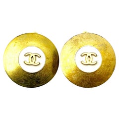Chanel Vintage Gold Plated CC White Disc Clip On Earrings