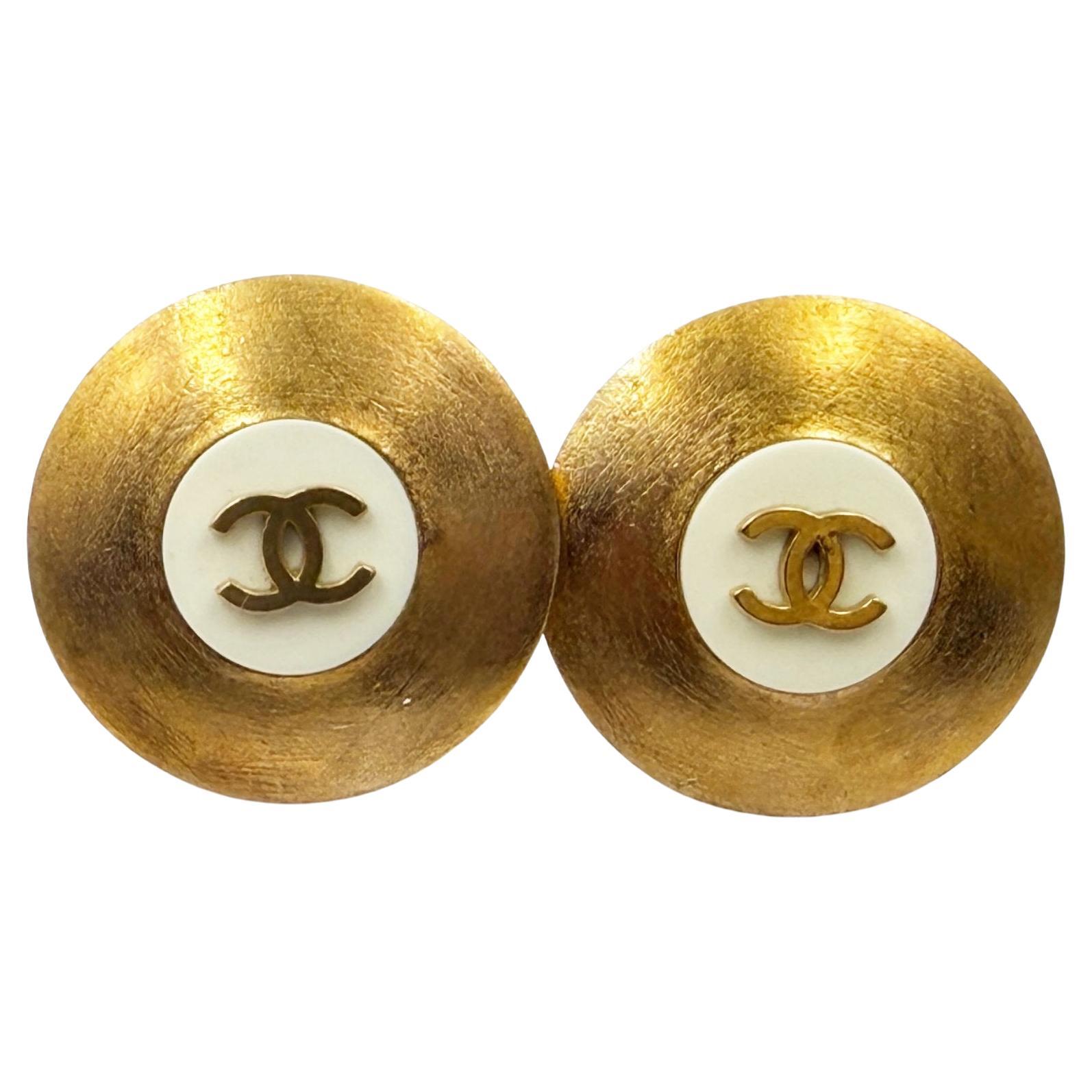 Chanel Vintage Gold Plated CC White Disc Clip On Earrings