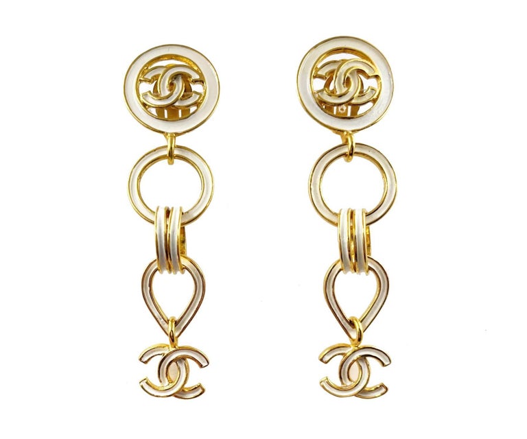 Chanel Vintage Gold Plated CC White Enamel Chain Long Clip on Earrings For  Sale at 1stDibs