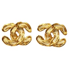 Chanel Vintage Gold Plated CC White Enamel Chain Piercing Earrings