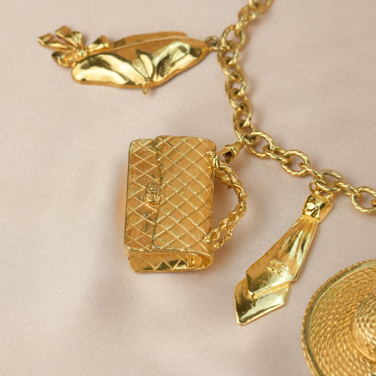 Chanel Vintage Gold Plated Chain Necklace with Six Iconic Charms For Sale  at 1stDibs