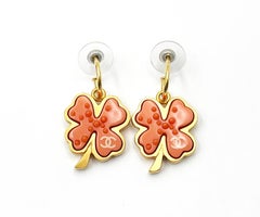 Chanel Vintage Gold Plated Coral Clover Hoop Piercing Earrings