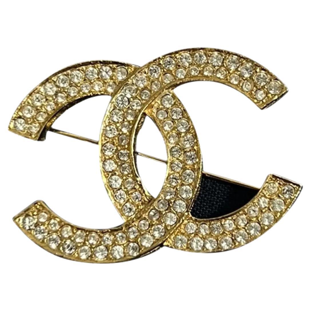 Chanel Vintage Gold Plated Crystal CC Brooch