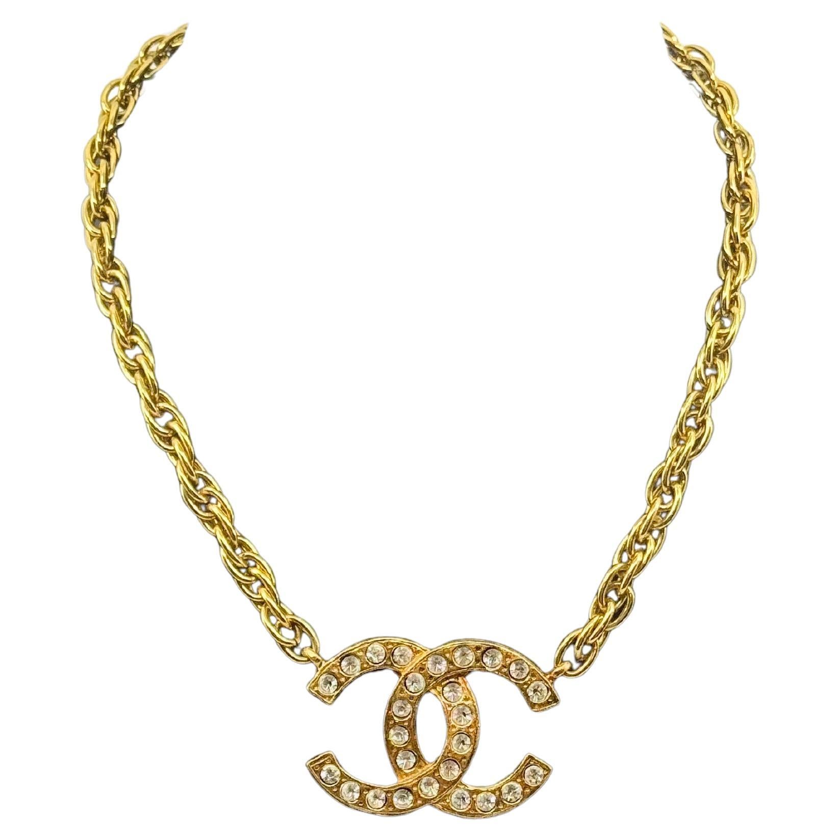 Chanel Vintage Gold Plated Crystal CC Collar Necklace, Circa 1980s For Sale