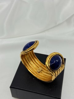 Chanel Vintage Gold Plated Cuff Bracelet with Blue Stone, Circa 1980s