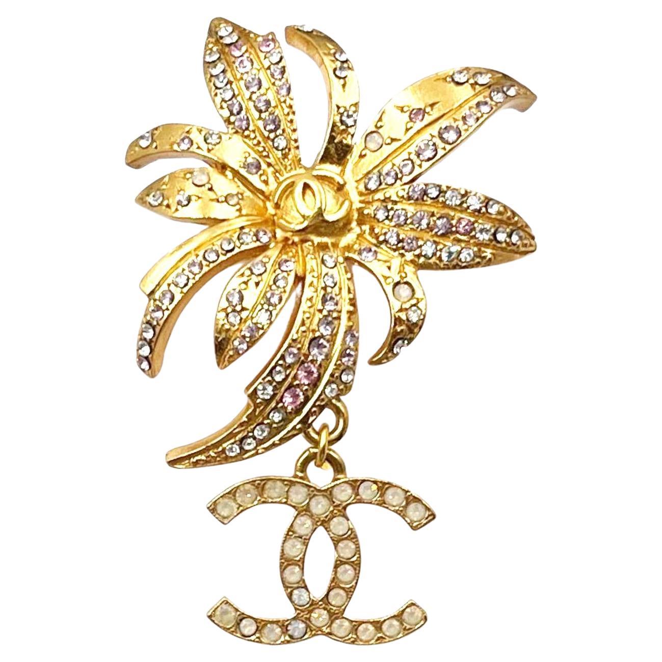 Chanel Vintage Gold Plated Flower CC Dangle Crystal Pin