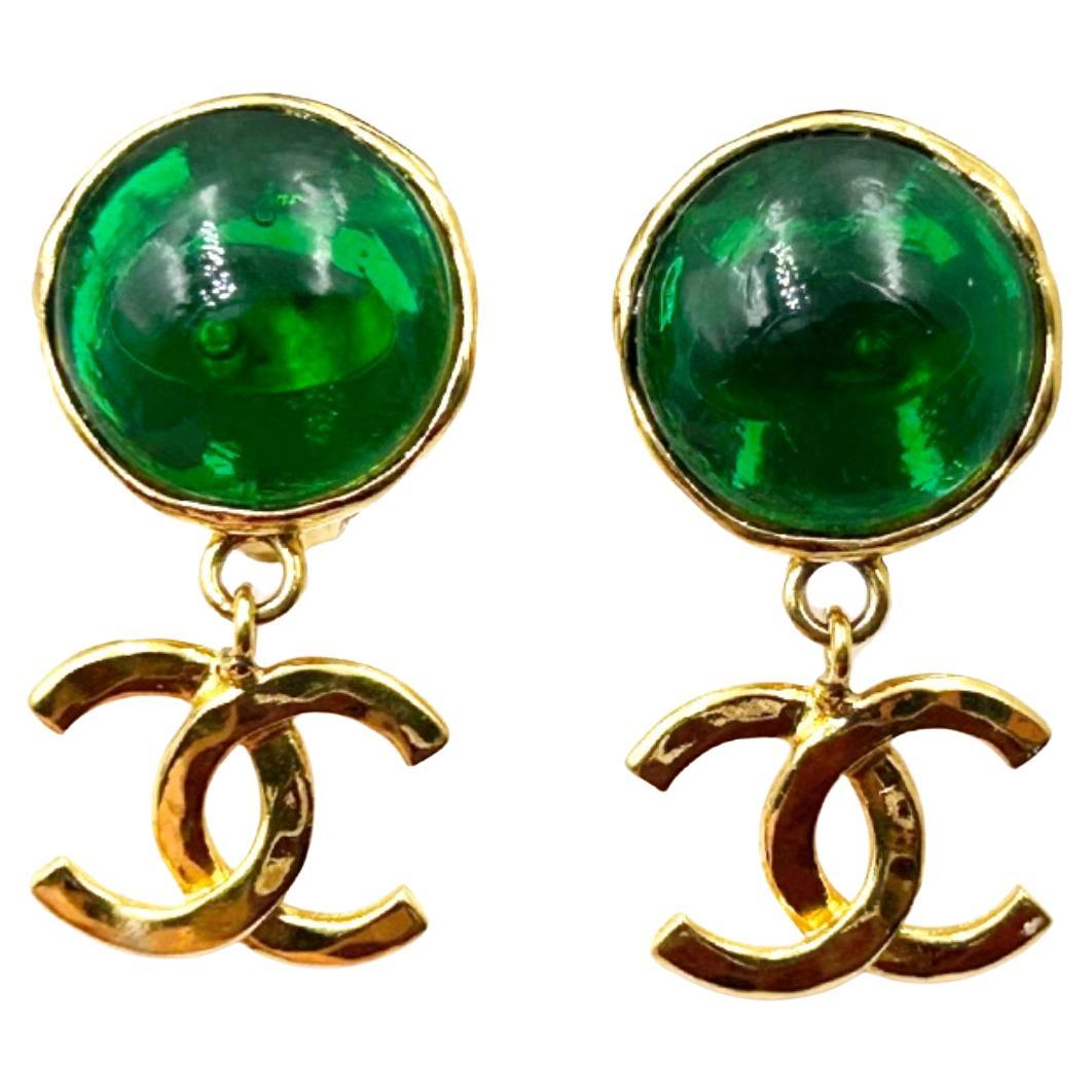 Chanel Vintage Gold Plated Green Stone CC Dangle Clip on Earrings