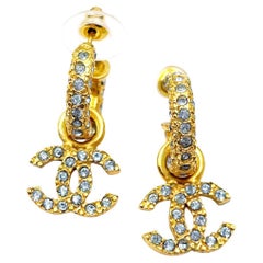 Chanel Vintage Gold Plated Hoop CC Blue Crystal Piercing Earrings