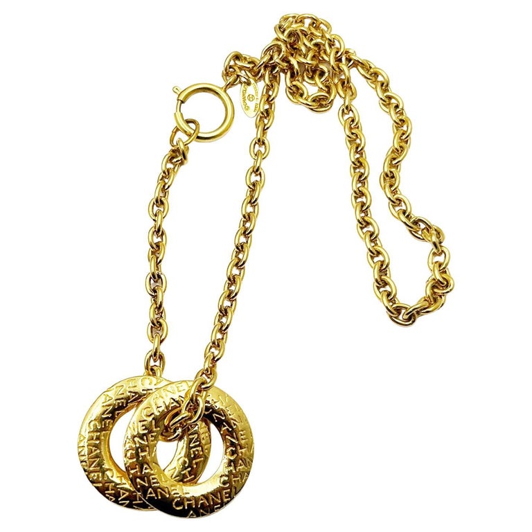 Chanel Vintage Gold Plated Letter Double Ring Necklace For Sale at 1stDibs