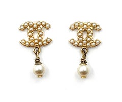 Chanel Vintage Gold Plated Mini Pearl Pearl Dangle Piercing Earrings  