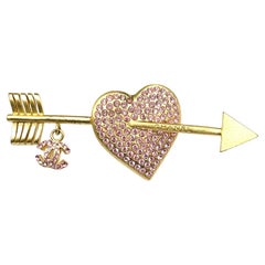 Chanel Vintage Gold Plated Pink Crystal Heart CC Arrow Brooch  