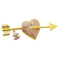 Chanel Vintage Gold Plated Pink Crystal Heart CC Arrow Brooch
