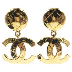 Chanel Vintage Gold Plated Plaid Stitching CC Dangle Clip on Earrings