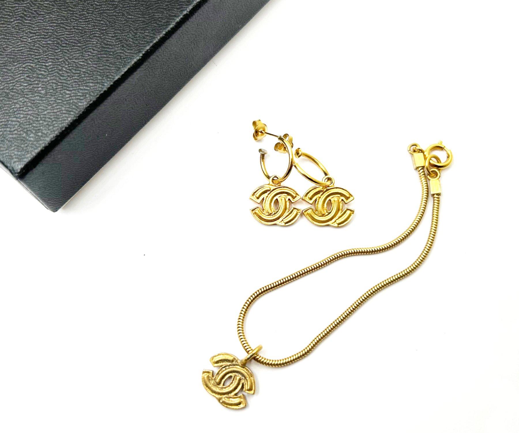 Artisan Chanel Vintage Gold Plated Popped CC Earrings Bracelet Set For Sale