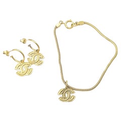 Chanel Vintage Gold Plated Popped CC Earrings Bracelet Set