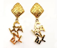 Chanel Vintage Gold Plated Quilted Argyle Letter Drop Clip on Earrings