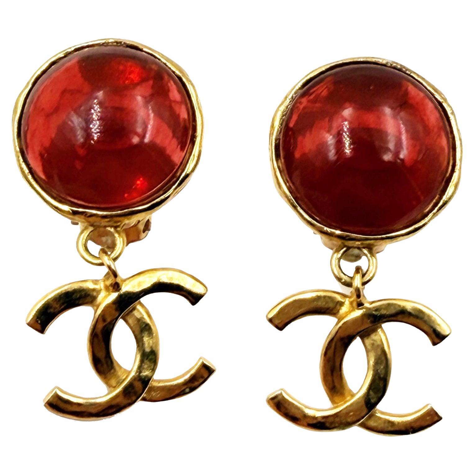 Chanel Vintage Gold Plated Red Stone CC Dangle Clip on Earrings