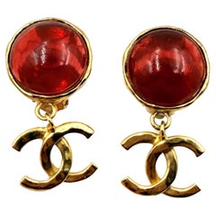 Chanel Vintage Gold Plated Red  Stone CC Dangle Clip on Earrings