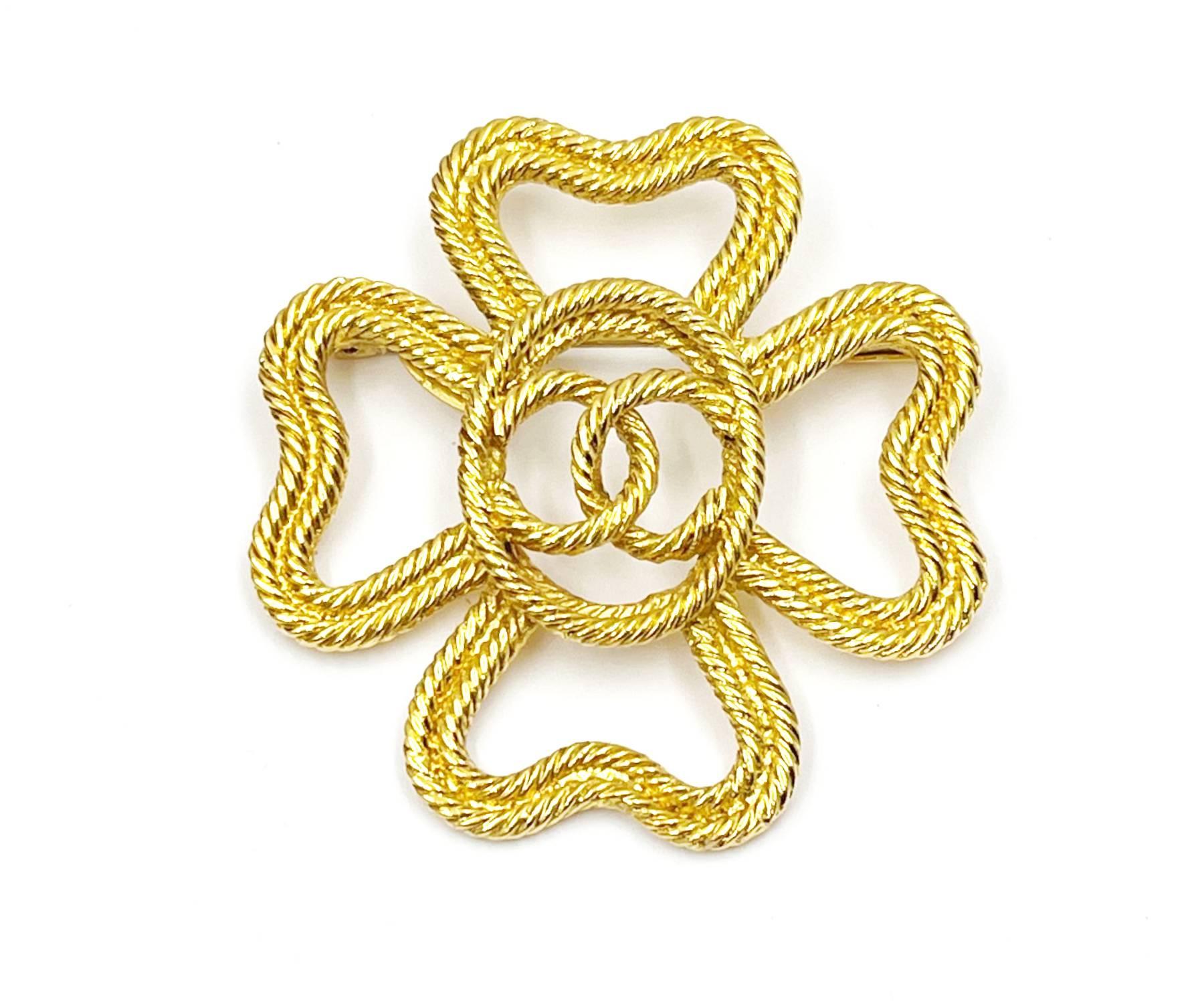 Artisan Chanel Vintage Gold Plated Rope Cross CC Brooch For Sale