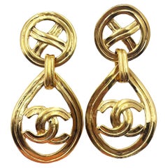 Chanel Vintage Gold Plated Round Cross CC Tear Drop Clip on Earrings 
